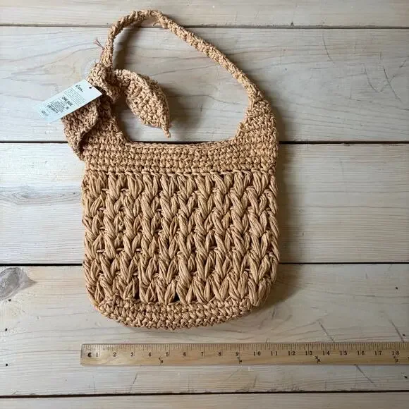 A New Day NWT Women's Straw Woven Tie-Top Shoulder Bag Light Brown Adj Strap - Picture 4 of 8